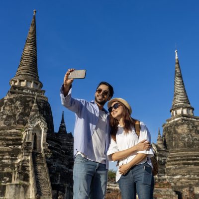 couple of foreign tourists take selfie photo at wat phra si sanp